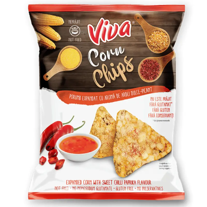 Viva Corn Chips – Snacks din Porumb Expandat cu Aromă de Ardei Dulce – Picant 50 g