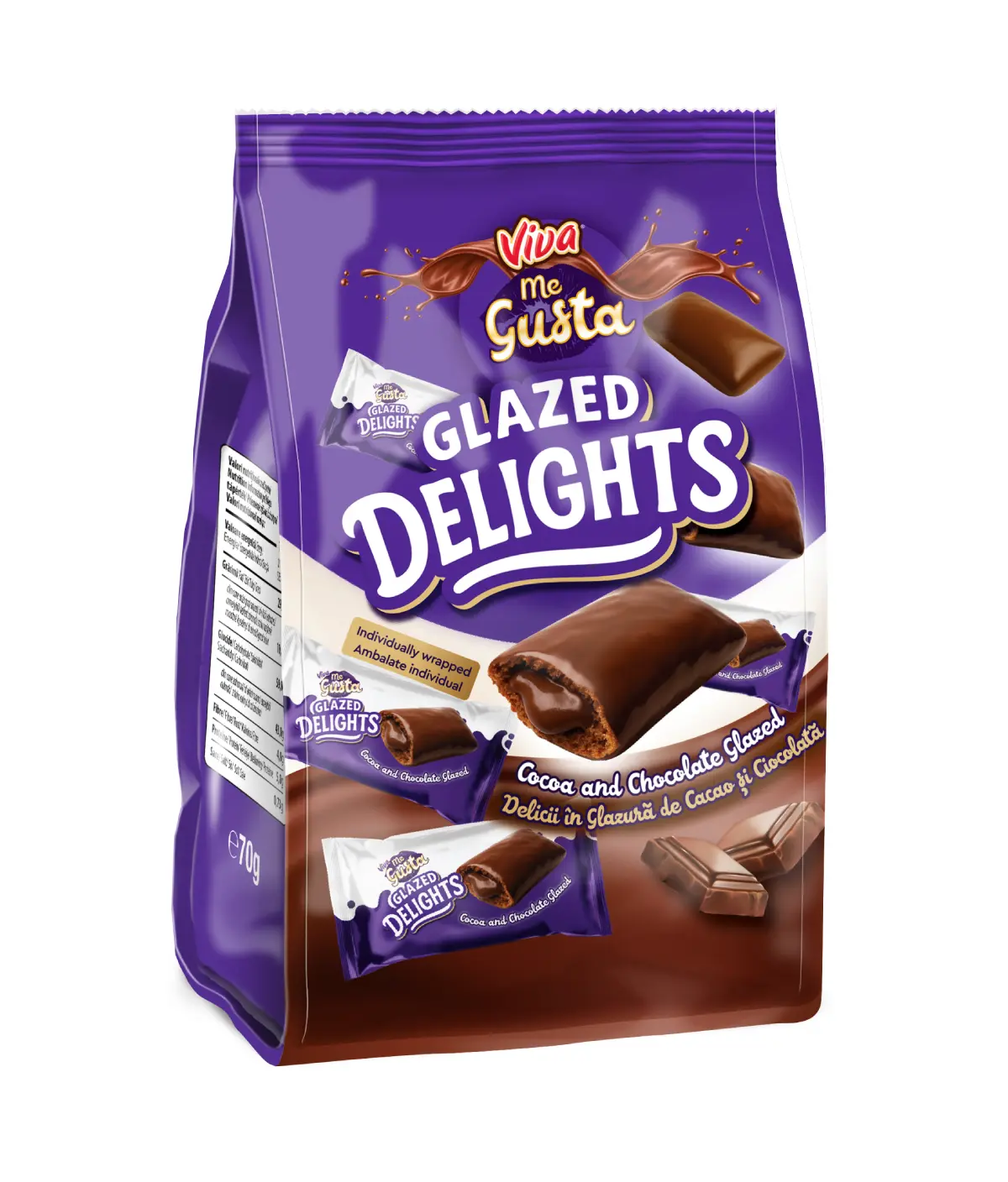 Viva Me Gusta – Rulouri Umplute cu Cremă de Cacao și Glazură de Ciocolată 70 g