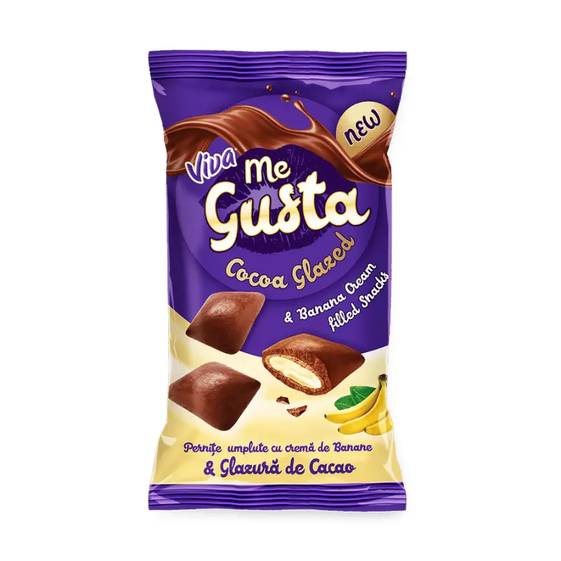 Viva Me Gusta – Pernițe Umplute cu Cremă de Banane și Glazură de Cacao 100 g