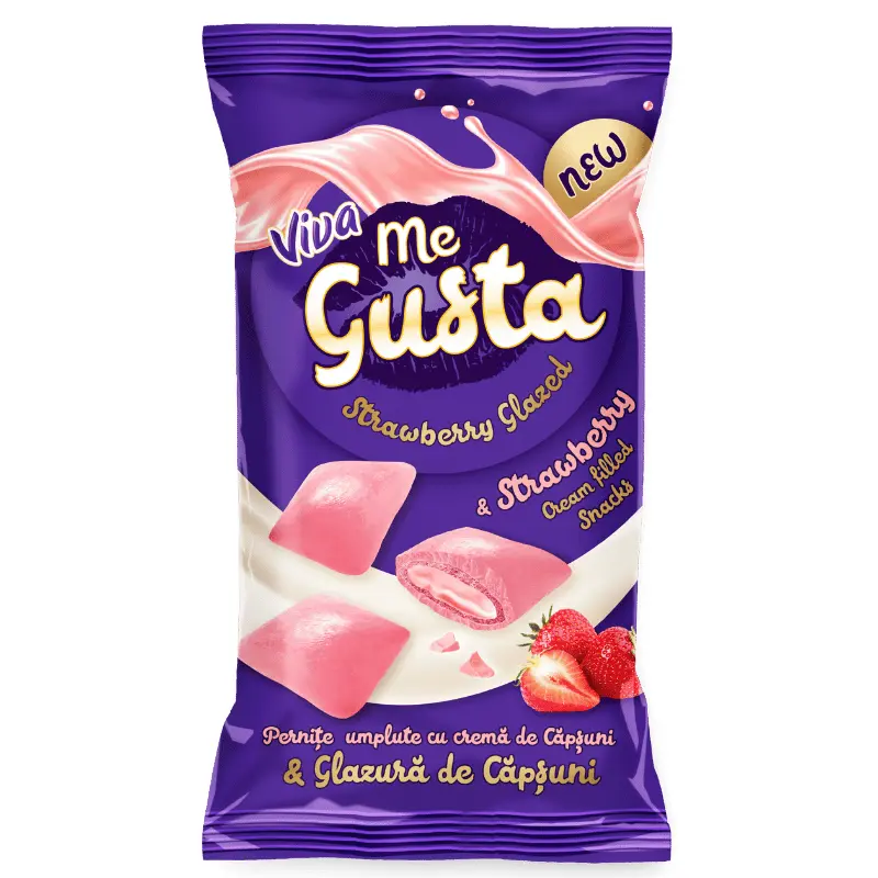 Viva Me Gusta – Pernițe Umplute cu Cremă de Căpșuni și Glazură de Căpșuni 100 g