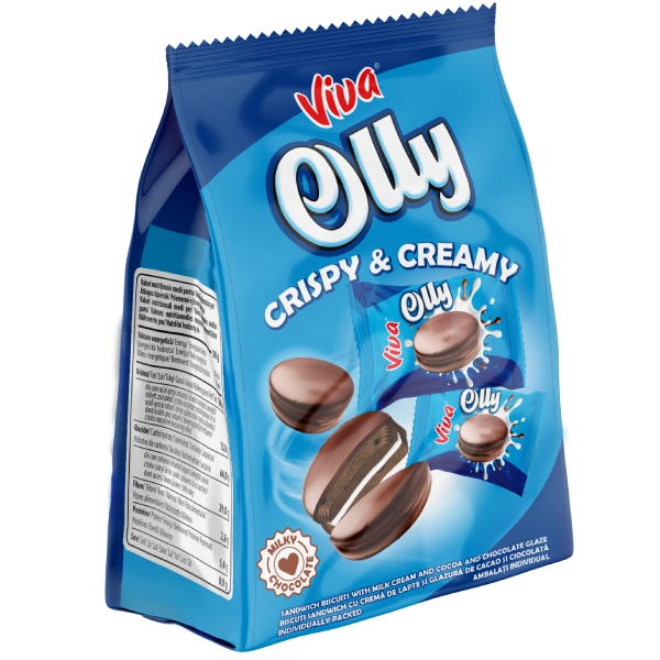 Viva Olly – Biscuiți Sandwich cu Cacao și Cremă de Lapte Înveliți în Ciocolată 110 g